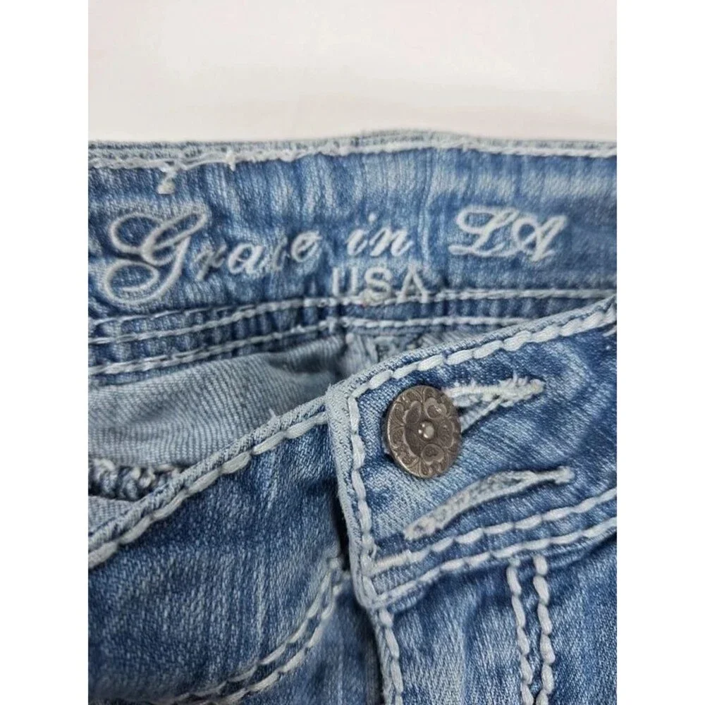 Grace In LA Women's Size 3 Light Wash Denim Jeans Rhinestone Embroidered